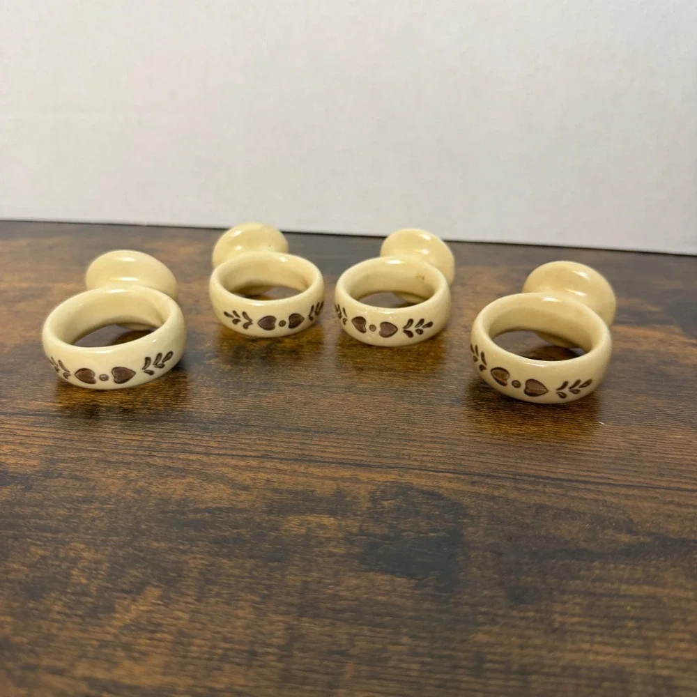 Pfaltzgraff Napkin Rings Tan Hearts Set of 4 Ceramic Village‎ Country Farmhouse